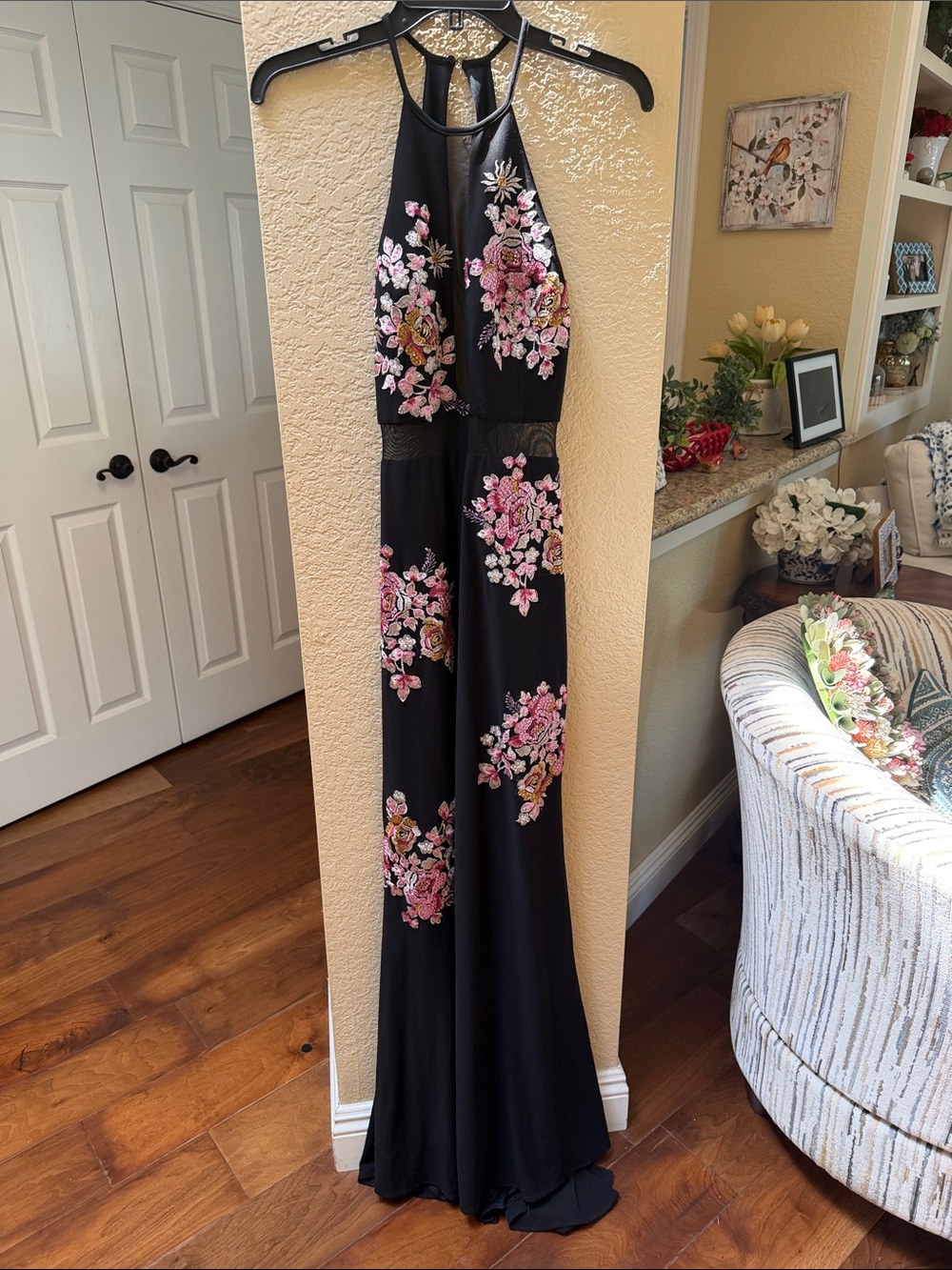 Xscape Black Halter Maxi Dress with Pink Floral Embroidery and netting cutouts